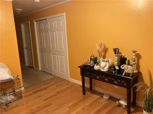 corridor featuring light hardwood / wood-style floors and crown molding