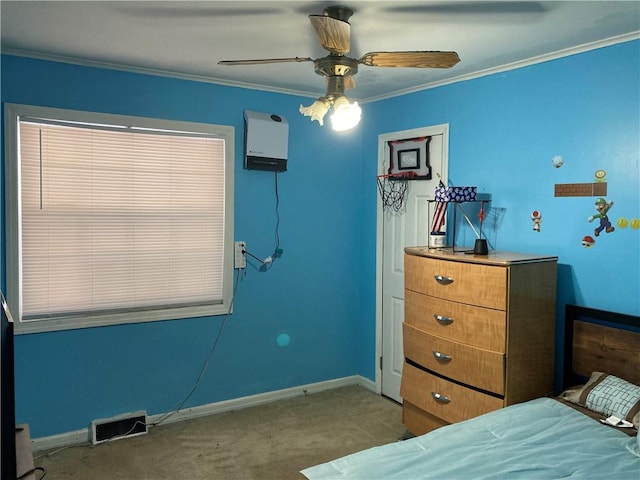 bedroom featuring dark colored carpet, ceiling fan, and ornamental molding