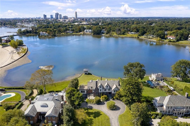 drone / aerial view featuring a water view