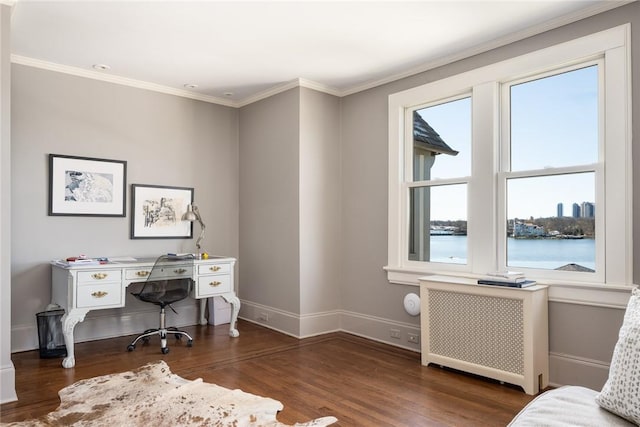 office space with radiator, crown molding, a water view, and dark hardwood / wood-style floors