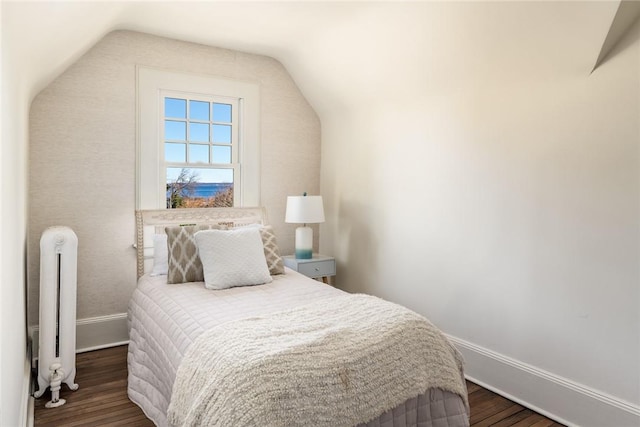 bedroom featuring dark hardwood / wood-style flooring, lofted ceiling, and radiator heating unit