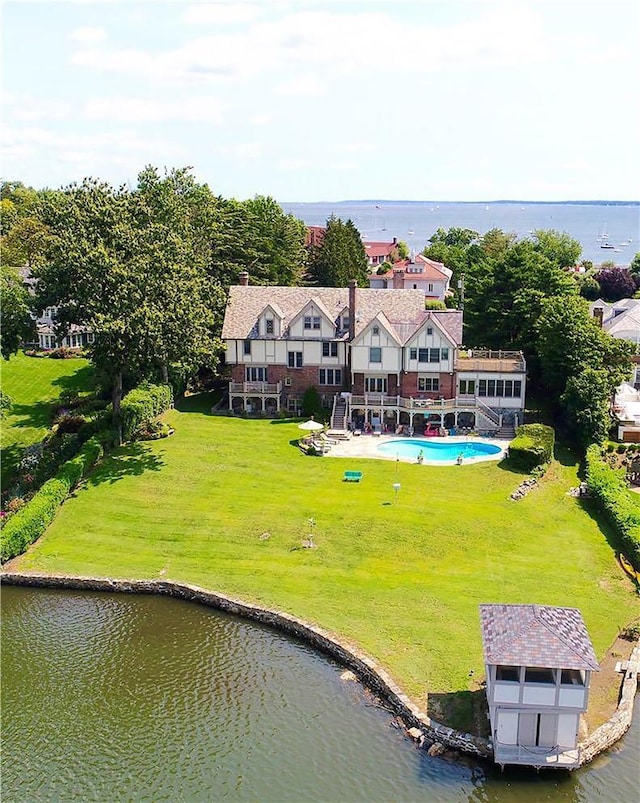 aerial view featuring a water view