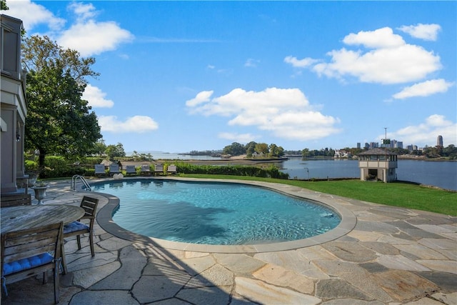 view of swimming pool with a water view and a patio area