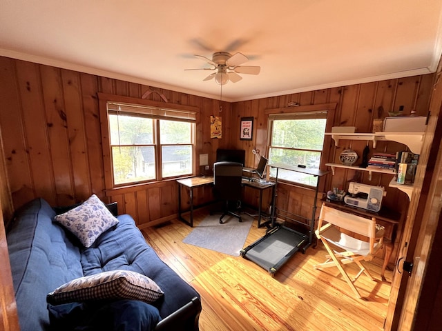 home office featuring light wood-type flooring, ceiling fan, a wealth of natural light, and crown molding