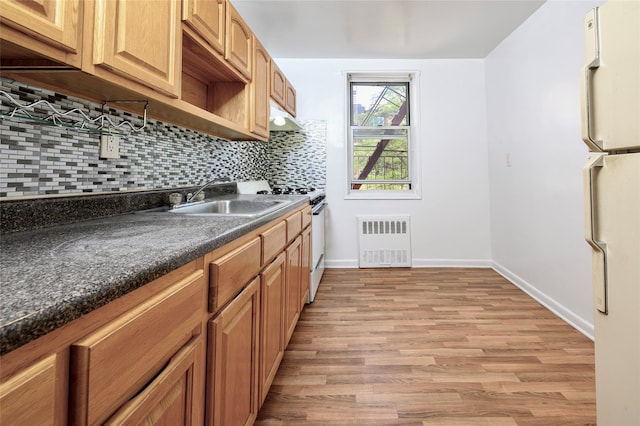 kitchen with decorative backsplash, sink, light hardwood / wood-style flooring, and stainless steel range oven