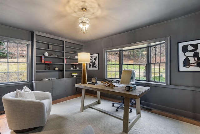 office space with wood-type flooring and crown molding