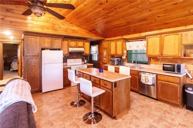 kitchen featuring stainless steel appliances, sink, wooden ceiling, a center island, and lofted ceiling