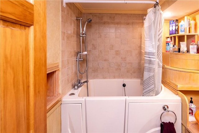 bathroom featuring shower / bathtub combination with curtain and ornamental molding