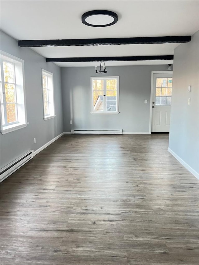 unfurnished dining area featuring beamed ceiling, dark wood-type flooring, and a baseboard radiator