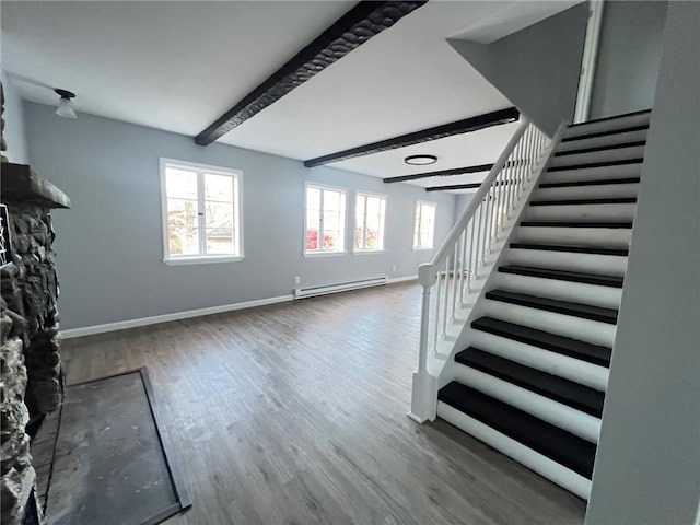 interior space with a fireplace, dark hardwood / wood-style flooring, beamed ceiling, and a baseboard radiator