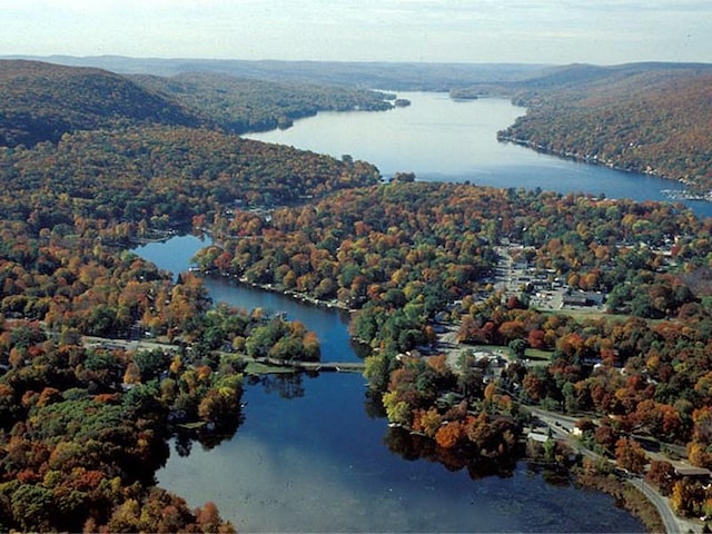 drone / aerial view with a water view