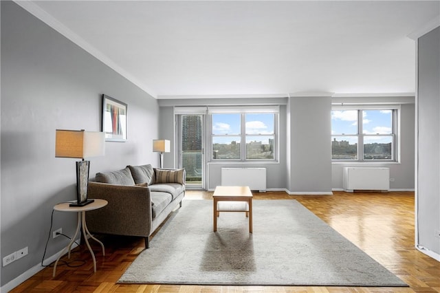 living room featuring radiator heating unit, a wealth of natural light, and crown molding