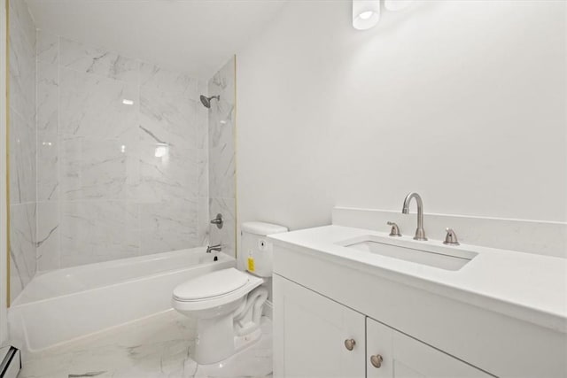 full bathroom with vanity, a baseboard radiator, toilet, and tiled shower / bath combo