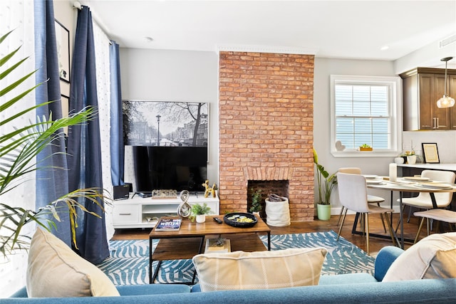 living room featuring a fireplace and dark hardwood / wood-style flooring