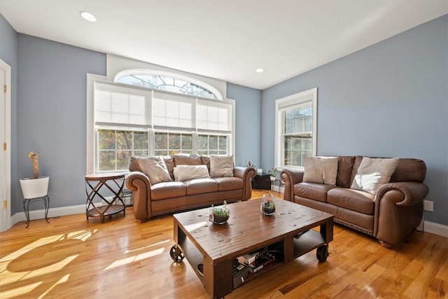 living room featuring light wood-type flooring and a wealth of natural light