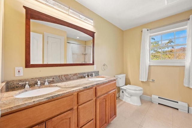 bathroom featuring vanity, tile patterned flooring, a shower with shower curtain, toilet, and a baseboard radiator