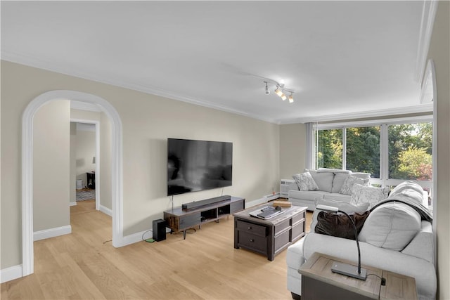 living room featuring light wood-type flooring and crown molding