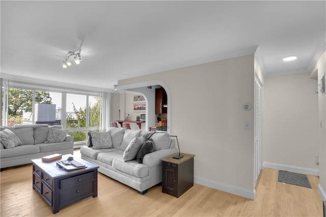 living room with light hardwood / wood-style floors and crown molding