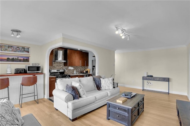 living room featuring crown molding and light wood-type flooring