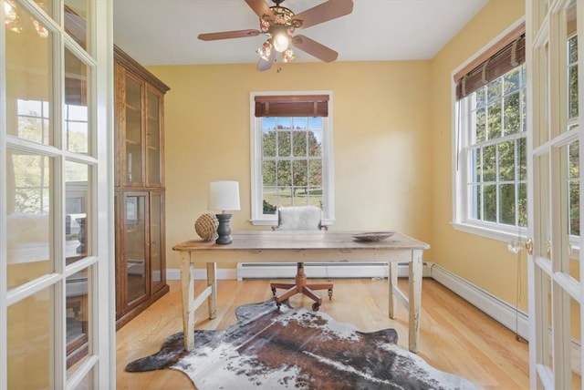 office area featuring french doors, light wood-type flooring, and a healthy amount of sunlight