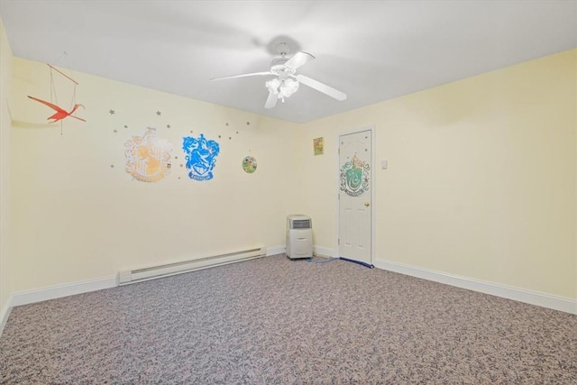 spare room with carpet, ceiling fan, and baseboard heating