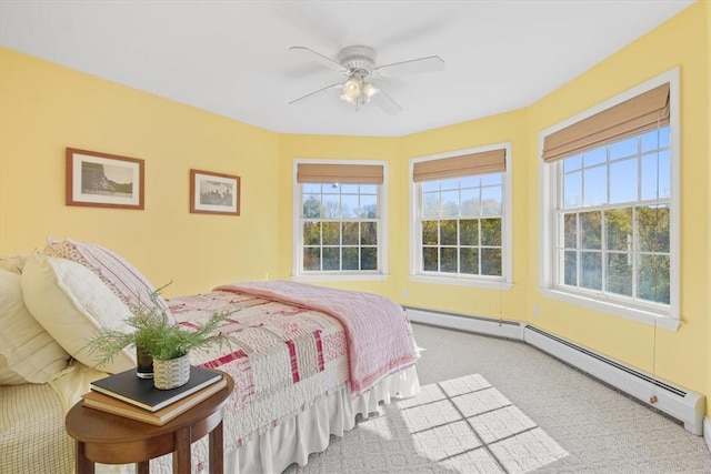 bedroom with carpet flooring, ceiling fan, and a baseboard radiator