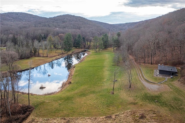 bird's eye view featuring a water and mountain view