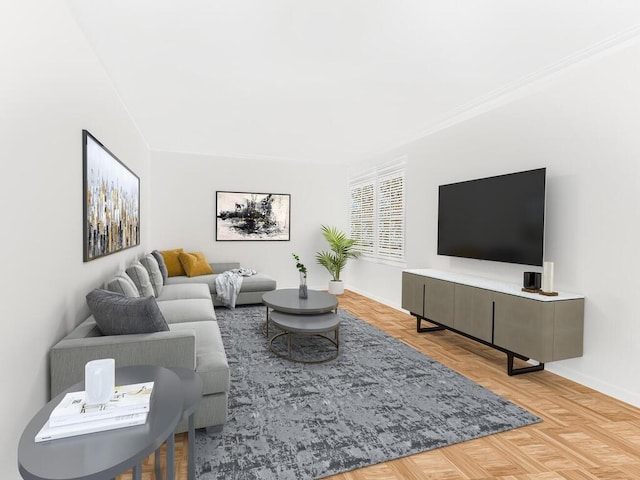 living room with parquet flooring and ornamental molding