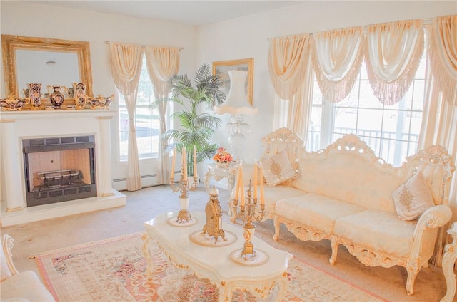 sitting room featuring light carpet, a wealth of natural light, and a baseboard heating unit