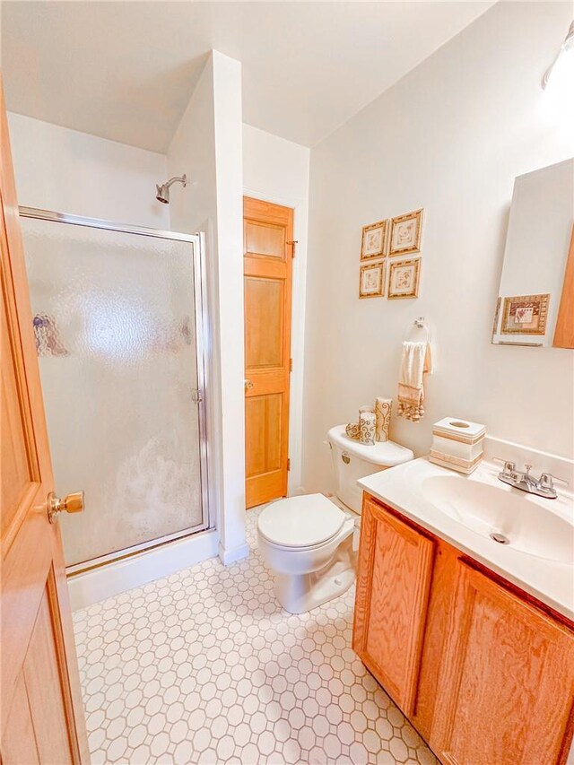 bathroom with vanity, toilet, and an enclosed shower