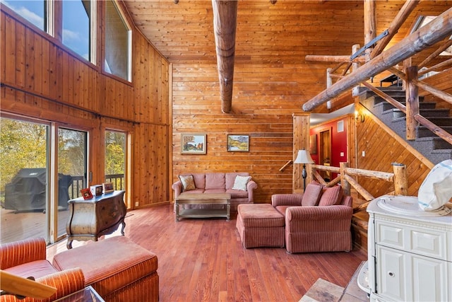 living room featuring wood ceiling, wood walls, high vaulted ceiling, and wood-type flooring