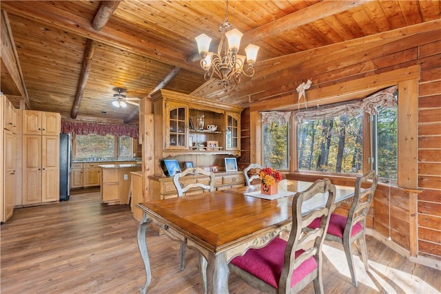 dining room with wood ceiling, a wealth of natural light, wood-type flooring, and wood walls