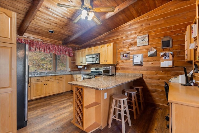 356 Nimham Rd, Carmel, NY 10512 - kitchen with appliances with stainless steel finishes, a peninsula, dark wood-style floors, wooden ceiling, and a breakfast bar area