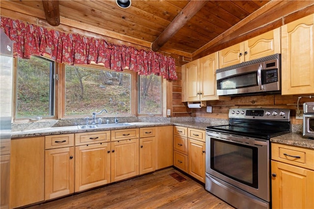 kitchen featuring appliances with stainless steel finishes, wood ceiling, dark wood-type flooring, sink, and lofted ceiling with beams