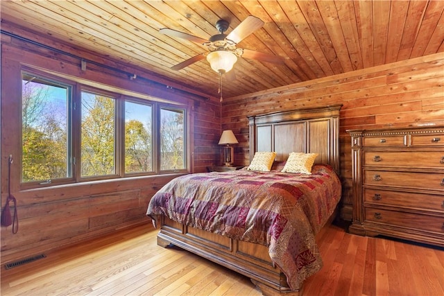 bedroom featuring wood walls, light hardwood / wood-style flooring, ceiling fan, and wooden ceiling