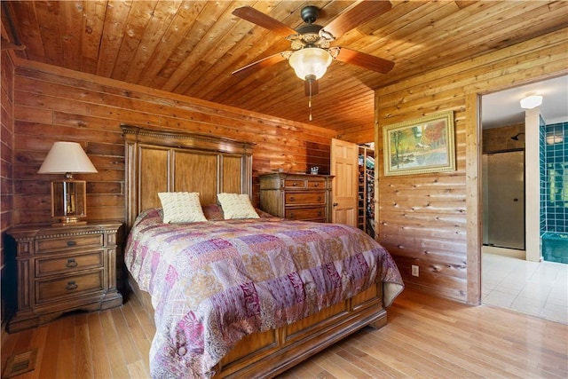 bedroom featuring wood ceiling, light hardwood / wood-style flooring, ceiling fan, and wood walls