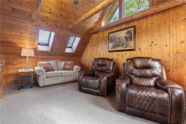 carpeted living room featuring wooden walls, wood ceiling, and lofted ceiling with skylight