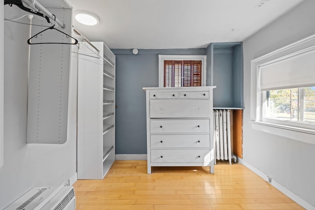 walk in closet with light wood-type flooring and radiator