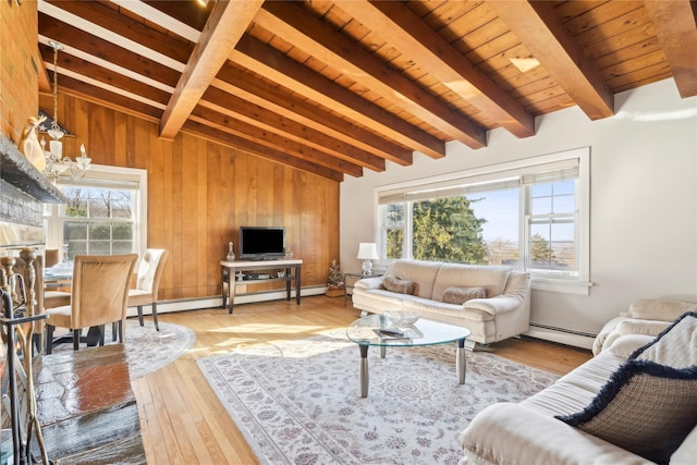 living room with baseboard heating, wooden walls, and plenty of natural light