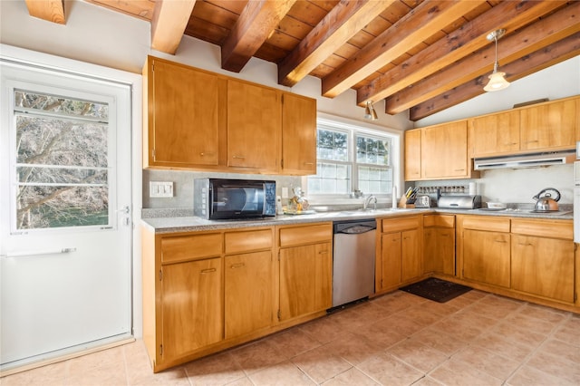 kitchen featuring decorative backsplash, wood ceiling, pendant lighting, lofted ceiling with beams, and dishwasher