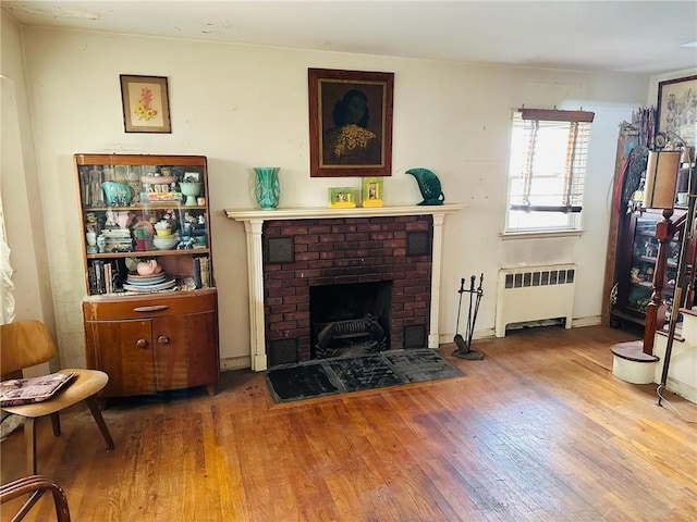 living room with wood finished floors, radiator, and a fireplace