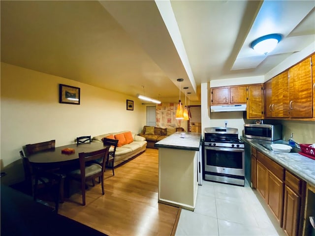 kitchen with kitchen peninsula, appliances with stainless steel finishes, light wood-type flooring, and pendant lighting