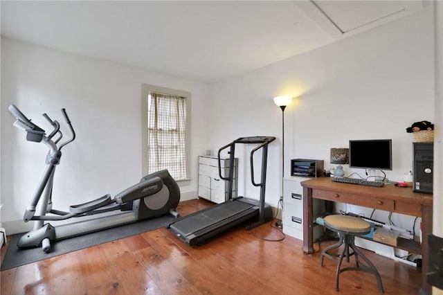 workout room featuring hardwood / wood-style flooring