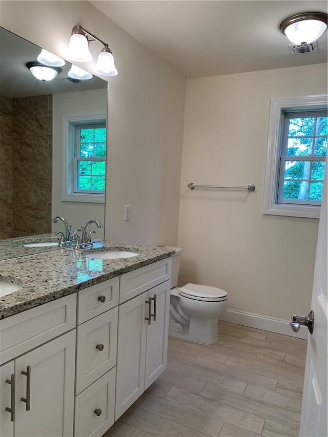 bathroom featuring wood-type flooring, vanity, and toilet