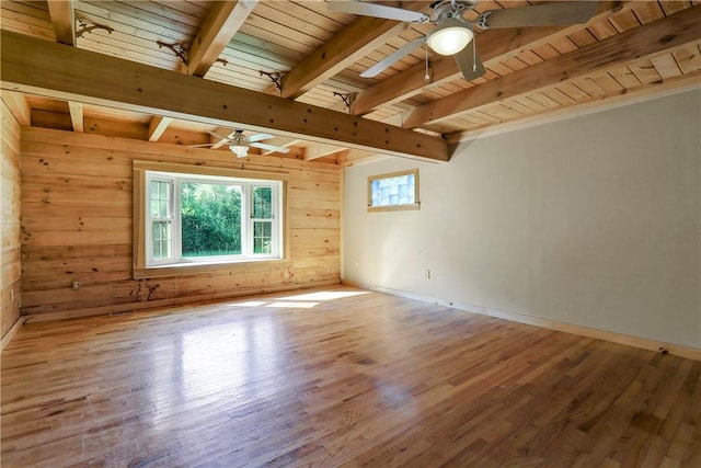 empty room featuring wooden walls, hardwood / wood-style floors, and beamed ceiling