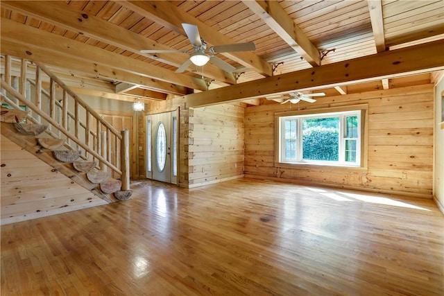 unfurnished living room featuring wooden walls, wood ceiling, and light wood-type flooring