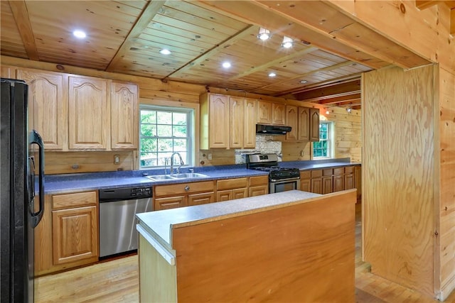 kitchen featuring wood walls, sink, light wood-type flooring, wood ceiling, and stainless steel appliances