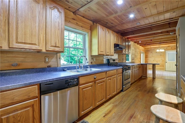 kitchen featuring sink, wooden walls, appliances with stainless steel finishes, wood ceiling, and light wood-type flooring