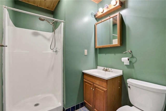 bathroom featuring toilet, vanity, and walk in shower