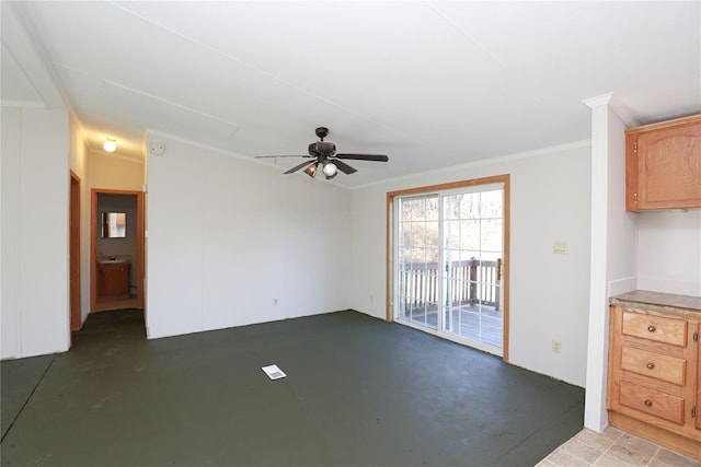 unfurnished living room with ceiling fan and ornamental molding